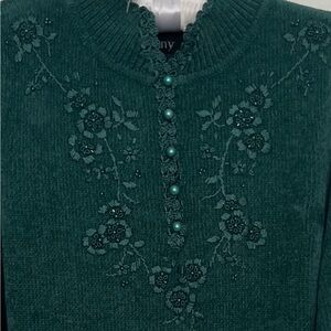 Jenny Women’s Small Dark Green Sweater Crochet Trim Beaded Button Front Floral